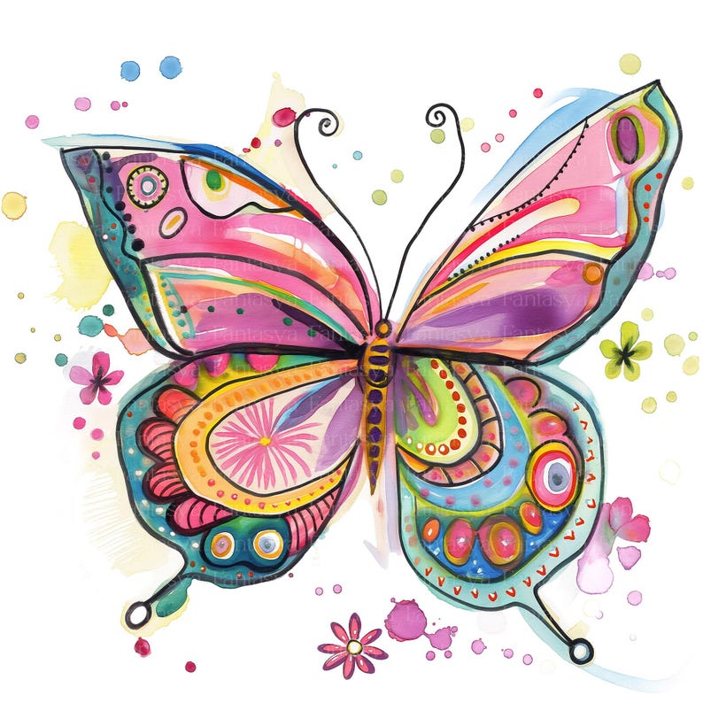 Puede incluir: Una vibrante pintura de acuarela de una mariposa con patrones intrincados y una paleta colorida. La mariposa presenta tonos rosas, morados, amarillos y azules, con detalles decorativos. Peque&ntilde;as flores y salpicaduras de pintura rodean la mariposa sobre un fondo blanco.