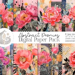 Abstrakte Pfingstrosen Digitales Papier | Skurriles Boho-Muster | Streifen, Polka Dots, geometrische Formen | Collage | Mischtechnik | Scrapbooking
