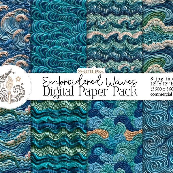 Embroidered Ocean Waves Seamless Patterns | Digital Paper Pack | Commercial Use | Sea Waves Digital Paper | Beach | Summer | Crafts