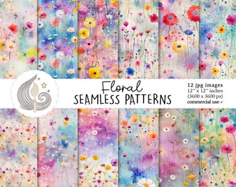Floral Seamless Patterns: Soft Pastel Watercolor Digital Paper Pack with Hand-Painted Wildflowers
