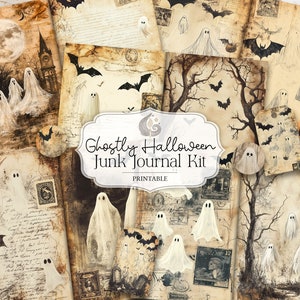Puede incluir: Paquete de papel digital imprimible con un tema de Halloween espeluznante. El paquete presenta papeles de estilo vintage con fantasmas, murciélagos y luna llena. El texto "Ghostly Halloween Junk Journal Kit Printable" está incluido en la imagen.