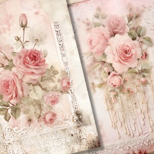 May include: Two digital scrapbook paper designs featuring pink roses with lace trim and a vintage background.
