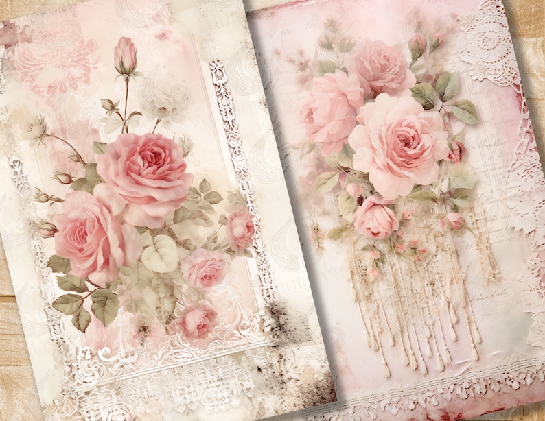 May include: Two digital scrapbook paper designs featuring pink roses with lace trim and a vintage background.