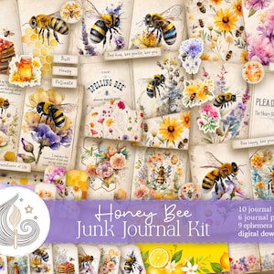 Bee Junk Journal Kit | Printable Pages | Papers | Ephemera Pack | Collage Sheet | Scrapbooking Kit | Tags | Labels | Words | Fussy Cuts