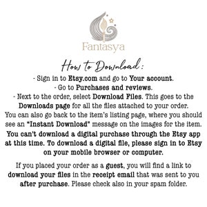 May include: An informational graphic with the Fantasya logo at the top, providing instructions on how to download digital files from Etsy. The text outlines steps for signed-in users, guest checkout, and notes regarding the Etsy mobile application.