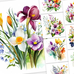 Imagens de flores de primavera | Pacote de clipart aquarela | Imagens de álbum de recortes | Colagem de imagens | Flores Jpg | Buquê floral de primavera
