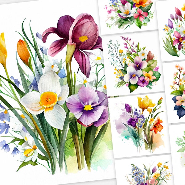 Spring Flowers Images | Watercolor Clipart Pack | Scrapbook Images | Collage Images | Flowers Jpg | Spring Floral Bouquet