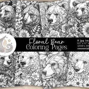Bear Printable Coloring Pages | Floral Bear Coloring Sheet | Grayscale Bear Digital Coloring Book For Adults Jpg Download