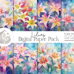 Papel Digital Lírio | Papel Digital Lírios Aquarela | Pacote de papel digital para impressão | Uso Comercial | Fabricação de cartões | Construindo