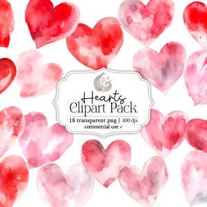 Clipart coeurs aquarelle | Téléchargement numérique | Png de coeurs peints à la main | Clipart amour | Clipart Saint-Valentin | Bricolage | Sublimation