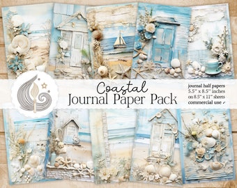 Coastal Junk Journal Pages: Beach Papers with Shells, Weathered Wood and Ocean Hues
