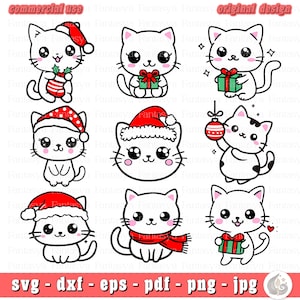 Joli ensemble Svg de chat de Noël | Svg chaton kawaii | Fichiers de Noël découpés au laser | Utilisation commerciale | Fichiers Svg pour Cricut | Téléchargement numérique