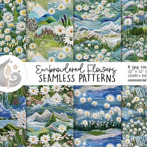 シームレスな花の風景生地パターン | 商用利用 | 3Dシームレスフラワー自然デジタルペーパー | 高山草原刺繍 | 工芸品