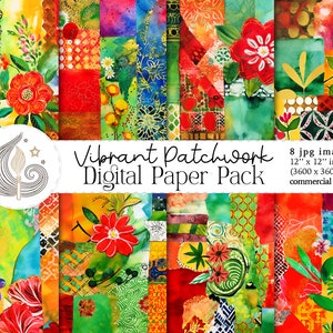 May include: A digital paper pack with 8 vibrant patchwork designs featuring flowers, leaves, and geometric patterns in shades of red, green, yellow, and blue. Each design is 12 inches by 12 inches (3600 x 3600 pixels) and is suitable for commercial use.