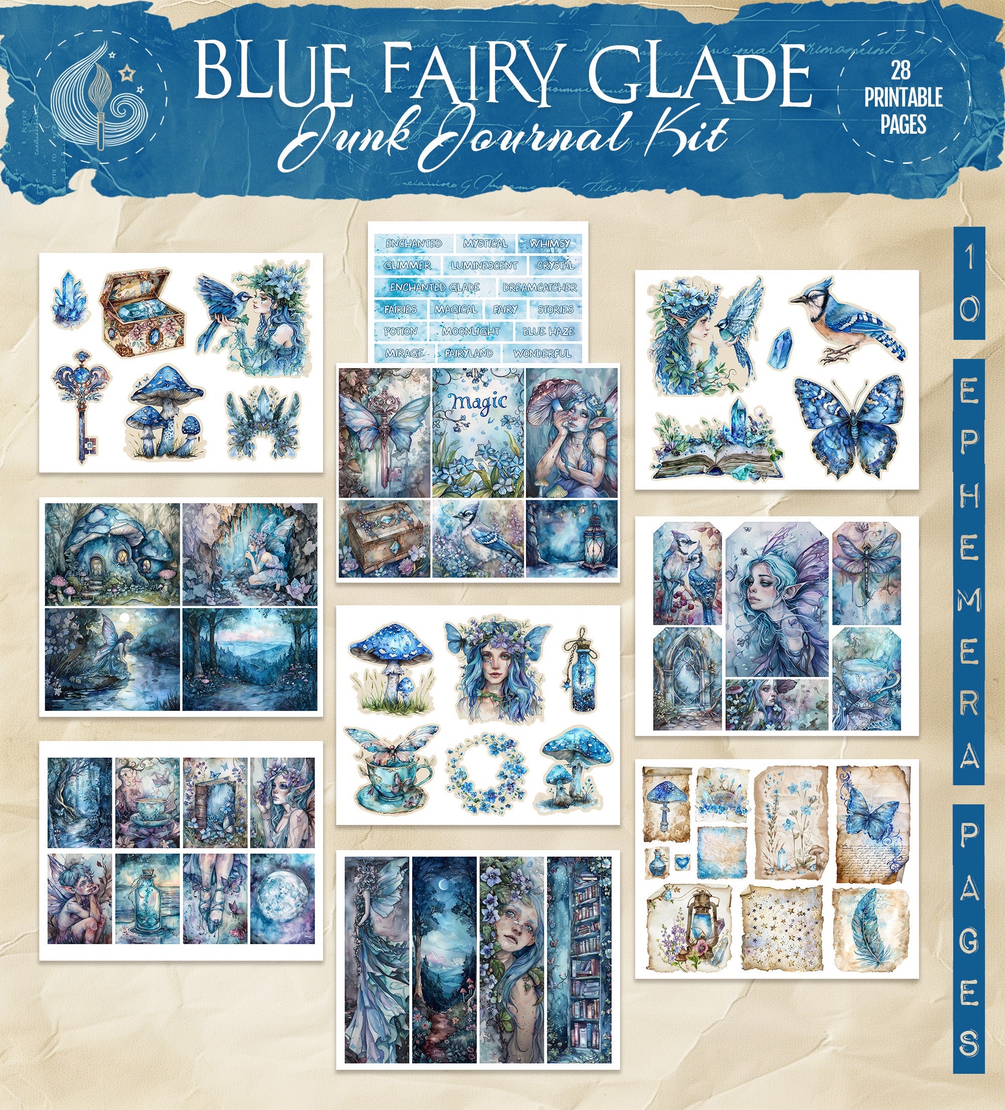 Blue Fairy Glade Junk Journal Kit: Enchanted Midnight Fantasy