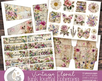 Vintage Floral Junk Journal Ephemera: Botanical Printable Pack in Soft Aged Tones