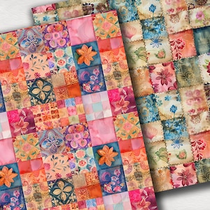 Puede incluir: Un paquete de papel digital con un dise&ntilde;o de patchwork que presenta varios patrones florales en tonos de rosa, azul, naranja y verde. Los patrones est&aacute;n dispuestos en una cuadr&iacute;cula, creando un dise&ntilde;o visualmente atractivo e intrincado.