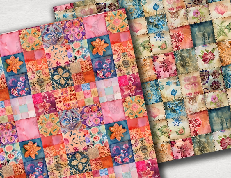 Puede incluir: Un paquete de papel digital con un dise&ntilde;o de patchwork que presenta varios patrones florales en tonos de rosa, azul, naranja y verde. Los patrones est&aacute;n dispuestos en una cuadr&iacute;cula, creando un dise&ntilde;o visualmente atractivo e intrincado.