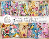 Whimsical Spring Junk Journal Pages: Colorful Cottagecore Printable Papers with Flowers Birds & Rain Boots