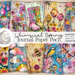 Puede incluir: Una colección de blocs de papel de diario coloridos con diseños primaverales caprichosos. Los diseños incluyen huevos de Pascua, flores, pájaros, mariposas y botas de lluvia. El texto de la imagen dice "Whimsical Spring Journal Paper Pack" y "papeles de diario de media hoja 14 x 21,6 cm en hojas de 21,6 x 28 cm".
