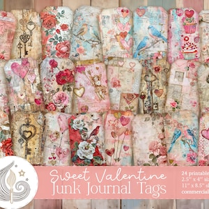 Etiquetas vintage de San Valentín / Efímeras para diarios basura / Hojas de collage imprimibles / Etiquetas románticas para álbumes de recortes / Decoraciones Shabby Chic