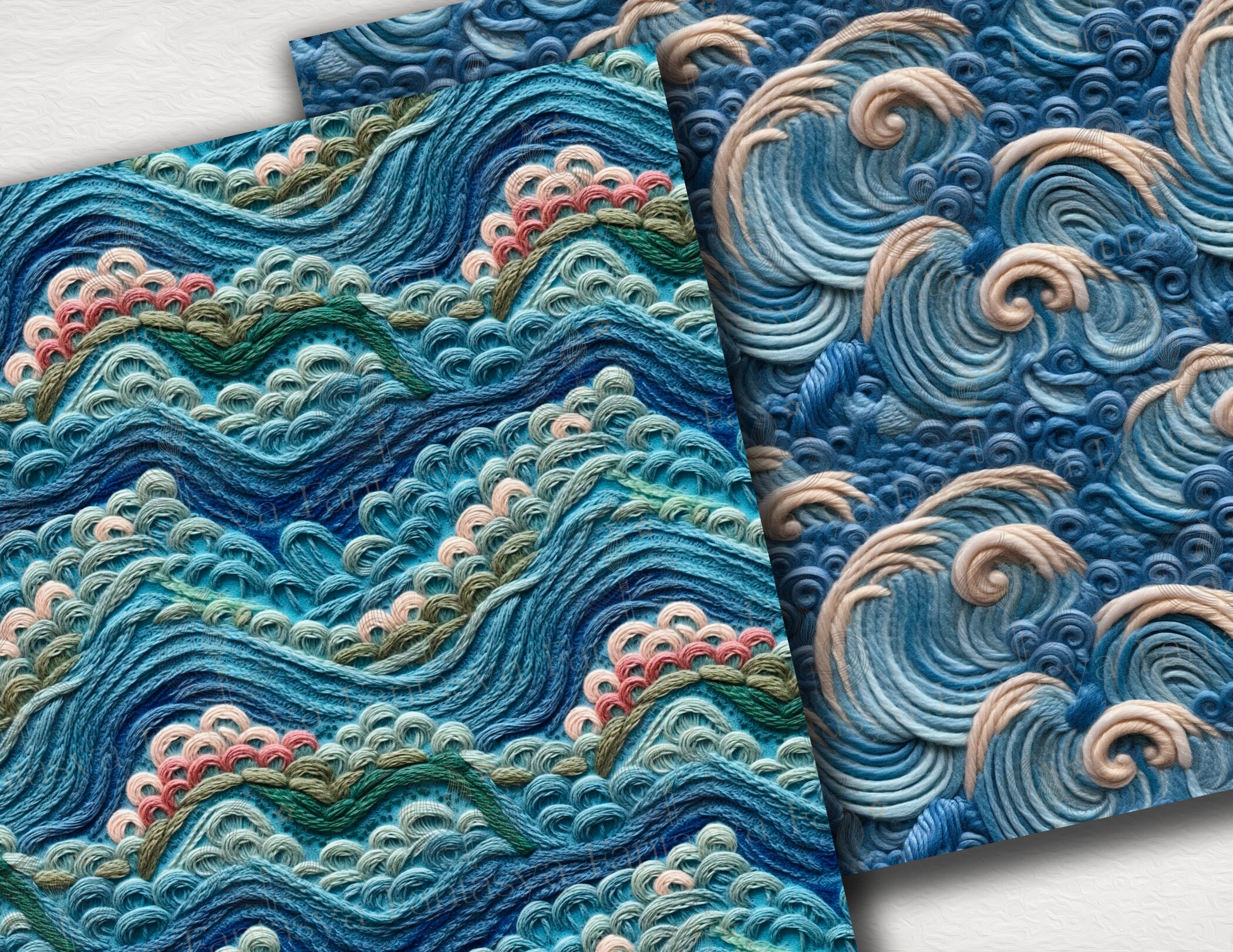 Embroidered Waves Seamless Patterns: Ocean Texture Digital Paper Pack ...