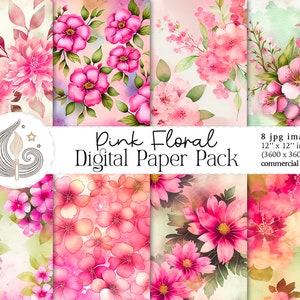 Floral Digital Paper | Watercolor Pink Flowers Background | Floral Sublimation | Scrapbook Paper | Journals | Commercial Use Designs