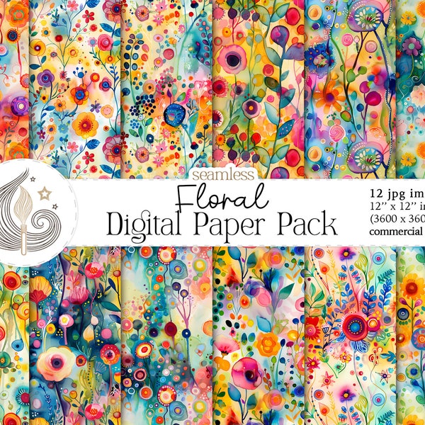 Whimsical Watercolor Floral Digital Paper | Abstract Colorful Flower Seamless Patterns | Commercial Use | Scrapbook Paper | Crafts | Diy
