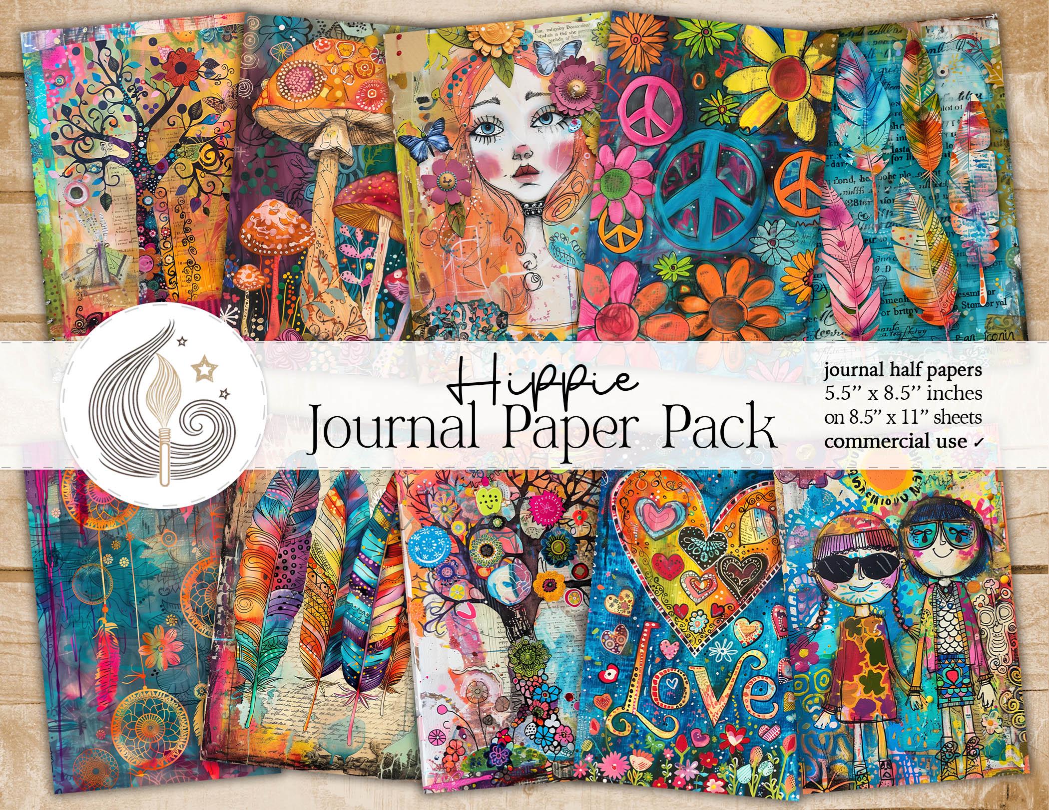 Hippie Junk Journal Kit | Printable Boho Journal Pages | Psychedelic Scrapbook Paper Pack | Colorful Hippie Ephemera Mixed Media Art