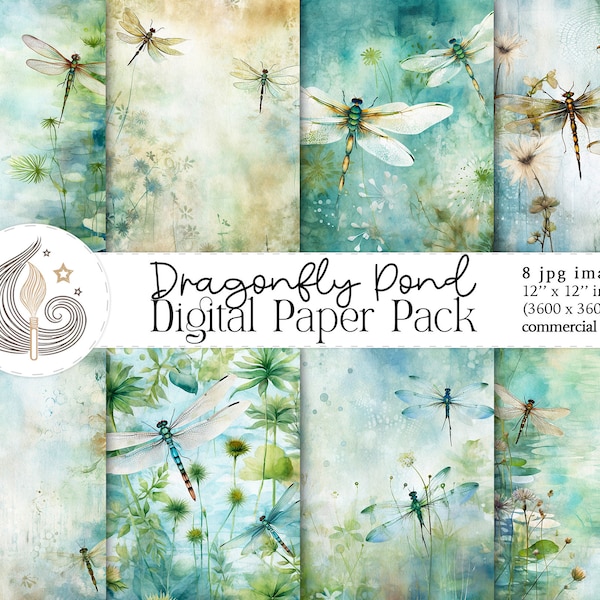 Dragonfly Digital Paper | Printable Crafting Paper | Instant Download | Watercolor Dragonfly Scrapbook Paper | Commercial Use |