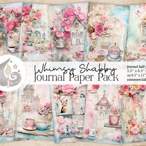 Páginas caprichosas de diario basura Shabby Chic / Descarga digital / Floral Quirky Cottage Cats & Teacups / Pastel Pink Blue / Crafting Kit