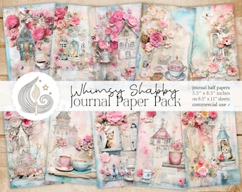 Pagine stravaganti del diario spazzatura shabby chic / Download digitale / Gatti e tazze da tè floreali eccentrici / Rosa blu pastello / Kit di creazione