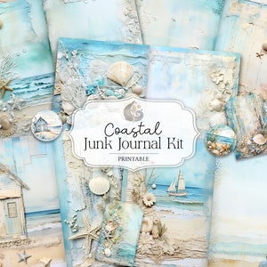 Coastal Junk Journal Kit | Dagboekpagina's, papieren, ephemera, tags | Strandafdrukbare items | Set plakboeken zee | Digitale oceaandownload