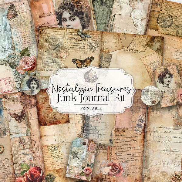 Junk Journal Kit | Nostalgic Treasures | Vintage Ephemera | Digital Download | Distressed Paper | Antique Postcards | Shabby Chic