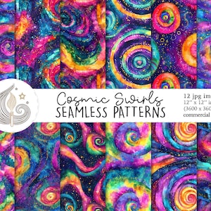 Patrón de remolinos cósmicos sin costuras / Uso comercial / Papel digital celestial sin costuras / Espirales de galaxias vibrantes abstractas / Papel para álbumes de recortes