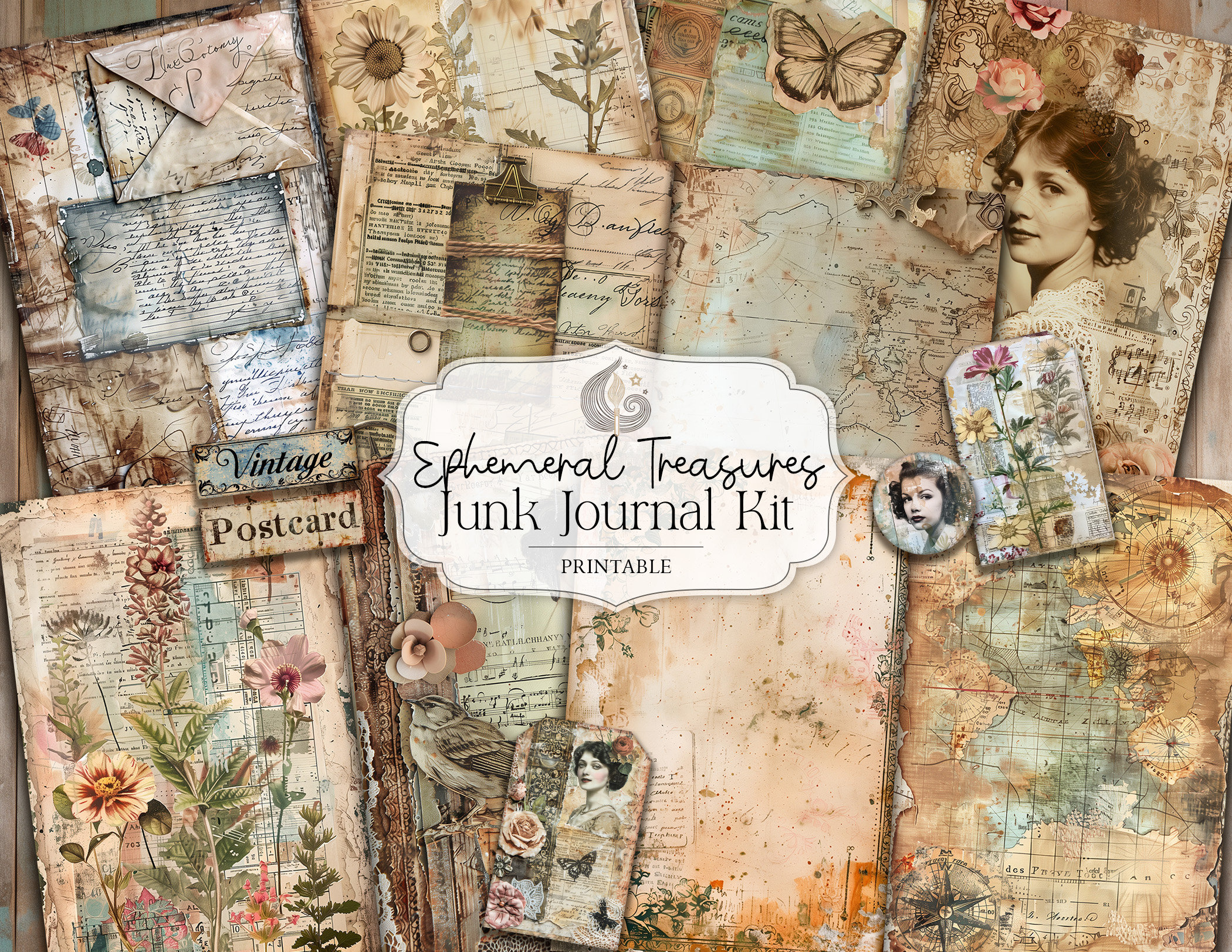 Ephemeral Treasures Junk Journal Kit: Vintage Collage Printable Pages &amp; Ephemera - Etsy