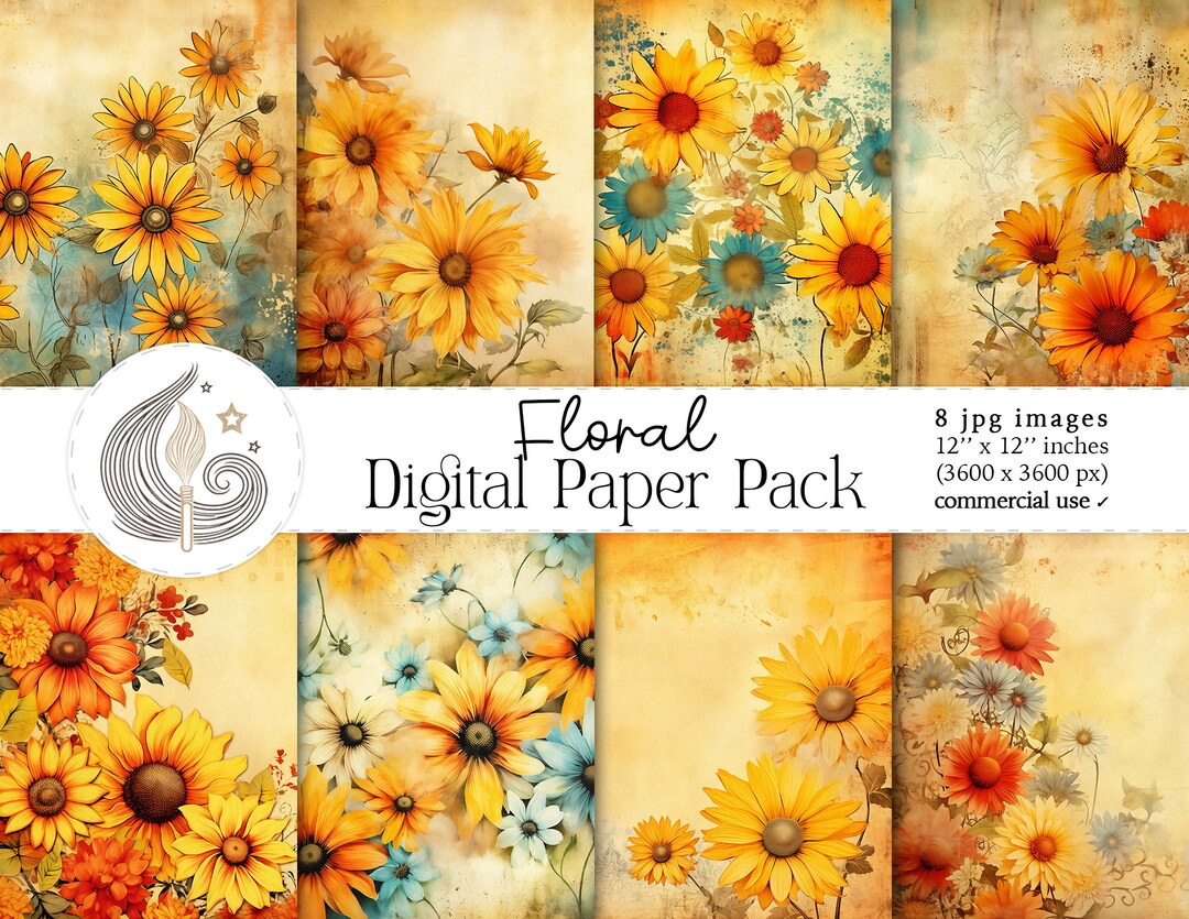 Floral Digital Paper Pack: Vintage Watercolor Sunflower and Daisy ...