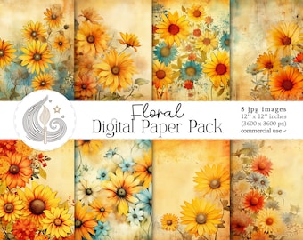Floral Digital Paper Pack: Vintage Watercolor Sunflower and Daisy Backgrounds