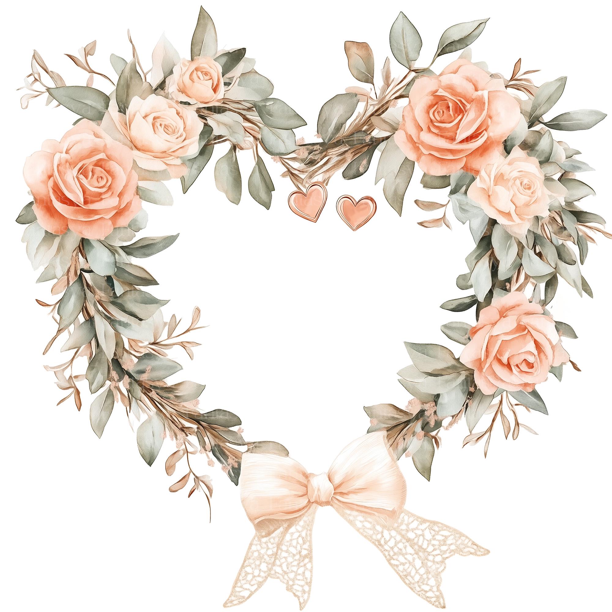 Watercolor Heart Wreath Clipart | Rose & Pearls Illustration (digital ...