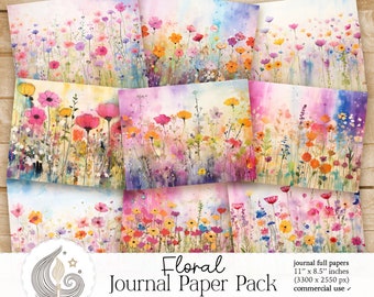 Floral Junk Journal Papers: Pastel Garden Backgrounds with Watercolor Flowers and Soft Textures