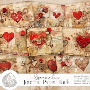 Romantic Junk Journal Paper | Vintage Rustic Shabby Chic Hearts | Journal Pages | Scrapbooking | Craft Paper | Cards | Collage