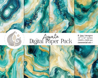 Agate Digital Paper | Teal And Gold Agate Watercolor Background | Digital Texture | Printable Scrapbooking Paper | Commercial Use