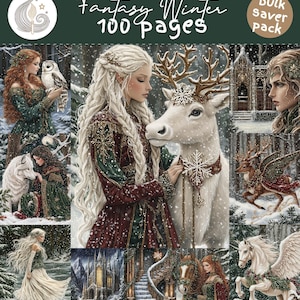 Puede incluir: Un collage de arte fantástico con escenas invernales. Las imágenes incluyen a una mujer con un ciervo blanco, una mujer con un búho y otras figuras en un entorno forestal nevado. El texto "Fantasy Winter 100 pages" es visible.