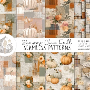 Può includere: Una collezione di otto motivi senza cuciture a tema Shabby Chic autunnale. I disegni presentano zucche, composizioni floreali ed elementi patchwork nei toni tenui dell'arancione, beige e grigio. Ogni immagine misura 30,48 cm x 30,48 cm.