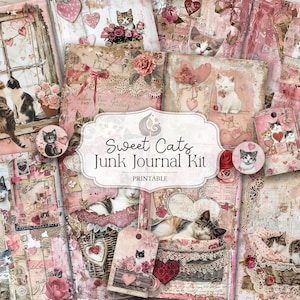 Kit de journal indésirable | Chats doux | Pages imprimables du journal des chats | Éphémères | Téléchargement numérique | Papier vieilli rose | Album | Artisanat
