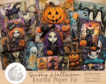 Quirky Halloween Junk Journal Pages: Spooky Fantasy Papers with Characters, Pumpkins, and Dark Textures