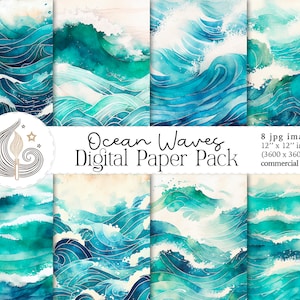 Carta digitale delle onde dell'oceano / Texture acquerello / Download digitale / Onde del mare / Sfondi spiaggia / Estate / Uso commerciale