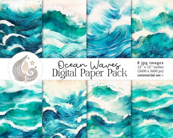 Ocean Waves Digital Paper Pack: Watercolor Sea Backgrounds in Teal and Blue Tones