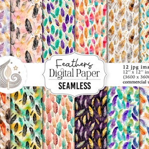 Wzór bezszwowych piór | Zastosowanie komercyjne | Cyfrowy papier bezszwowych piór | Kolorowe pióra boho w akwareli | Papier do scrapbookingu