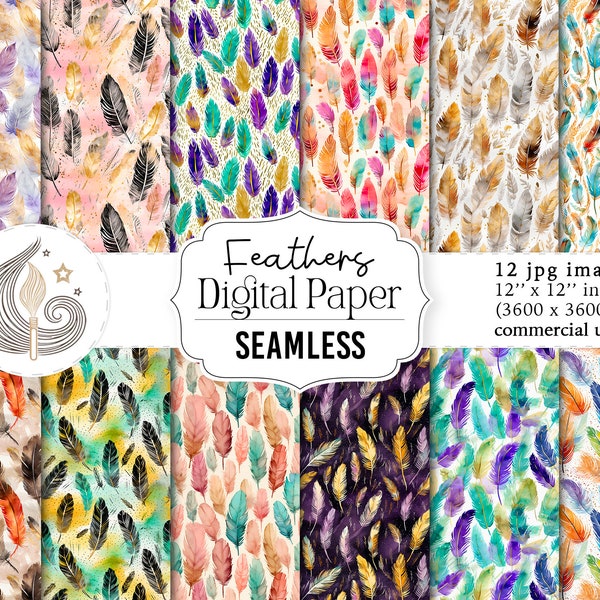 Feathers Seamless Pattern | Boho Digital Paper | Watercolor Feathers Repeating Pattern | Commercial Use | Scrapbooking | Crafts